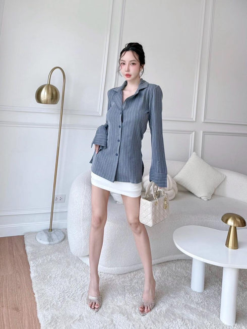 Stripes Collar Fitted Shirts With Skirts